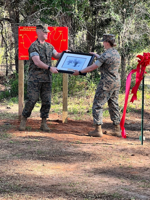 Marine Corps Logistics Base Albany worked with 8th Engineer Support Battalion from Marine Corps Base Camp Lejeune in North Carolina to construct a new endurance course at the southwest Georgia installation. The project demonstrates a commitment to camaraderie and physical fitness, and officially opened up for use on Thursday after 20 days of construction. (U.S. Marine Corps photo by Jennifer Parks)