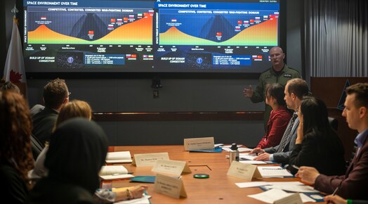  Royal Canadian Air Force Brig. Gen. Kyle C. Paul, Deputy Commanding General, Transformation, Space Operations Command, delivered a mission brief to 22 International Visitor Leadership Program participants at SpOC Headquarters, Peterson Space Force Base, Colo., April 14, 2023. Paul briefed the IVLP on SpOC’s mission and familiarized attendees with Space Force structure. (US Space Force photo by SSgt Jose A. Rodriguez Jr)