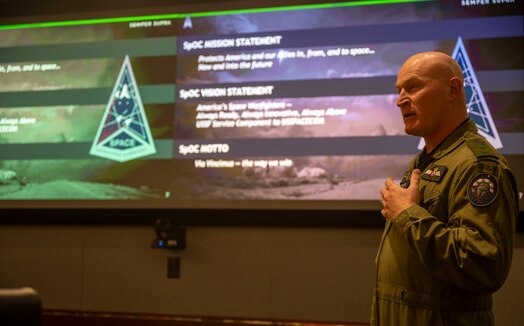  Royal Canadian Air Force Brig. Gen. Kyle C. Paul, Deputy Commanding General, Transformation, Space Operations Command, delivered a mission brief to 22 International Visitor Leadership Program participants at SpOC Headquarters, Peterson Space Force Base, Colo., April 14, 2023. Paul briefed the IVLP on SpOC’s mission and familiarized attendees with Space Force structure. (US Space Force photo by SSgt Jose A. Rodriguez Jr)