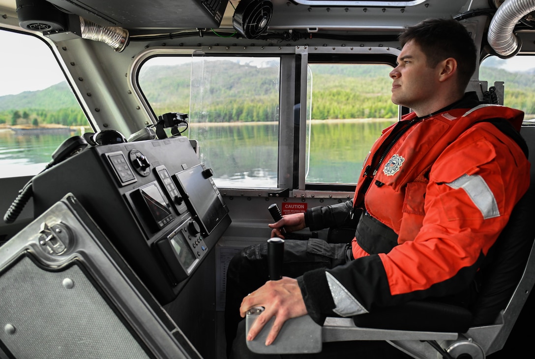 U.S. Coast Guard Petty Officer Samuel Bordenkechem, a boatswain's mate at Station Ketchikan, pilots a 45-foot Response Boat-Medium in the Tongass Narrows, April 28, 2023. Station Ketchikan is equipped with two 29-foot Response Boats-Small and two 45-foot Response Boats-Medium which are used to carry out missions throughout southeastern Alaska such as law enforcement, living marine resources enforcement and search & rescue. U.S. Coast Guard photo by Petty Officer 3rd Class Ian Gray.