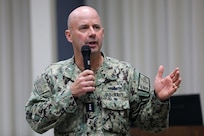 Vice Adm. Jim Kilby, commander, Task Force 80 and deputy commander, U.S. Fleet Forces Command, speaks during Commander Naval Surface Force Atlantic (SURFLANT) Commander’s Training Symposium (CTS), April 26. CTS is a bi-annual, two-day leadership training event for flag officers, commanding officers, and command senior enlisted leaders across the SURFLANT claimancy. (U.S. Navy photo by Mass Communication Specialist 1st Class Jacob Milham)