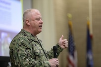 Master Chief Petty Officer of the Navy James Honea speaks during Commander Naval Surface Force Atlantic (SURFLANT) Commander’s Training Symposium (CTS), Apr. 25. CTS is a bi-annual, two-day leadership training event for flag officers, commanding officers, and command senior enlisted leaders across the SURFLANT claimancy. (U.S. Navy photo by Mass Communication Specialist 1st Class Jacob Milham)