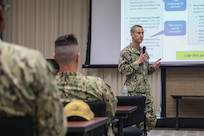 Director of Strategic Integration Group for the Vice Chief of Naval Operations Capt. Joseph Gagliano speaks during Commander Naval Surface Force Atlantic (SURFLANT) Commander’s Training Symposium (CTS), Apr. 25. CTS is a bi-annual, two-day leadership training event for flag officers, commanding officers, and command senior enlisted leaders across the SURFLANT claimancy. (U.S. Navy photo by Mass Communication Specialist 1st Class Jacob Milham)