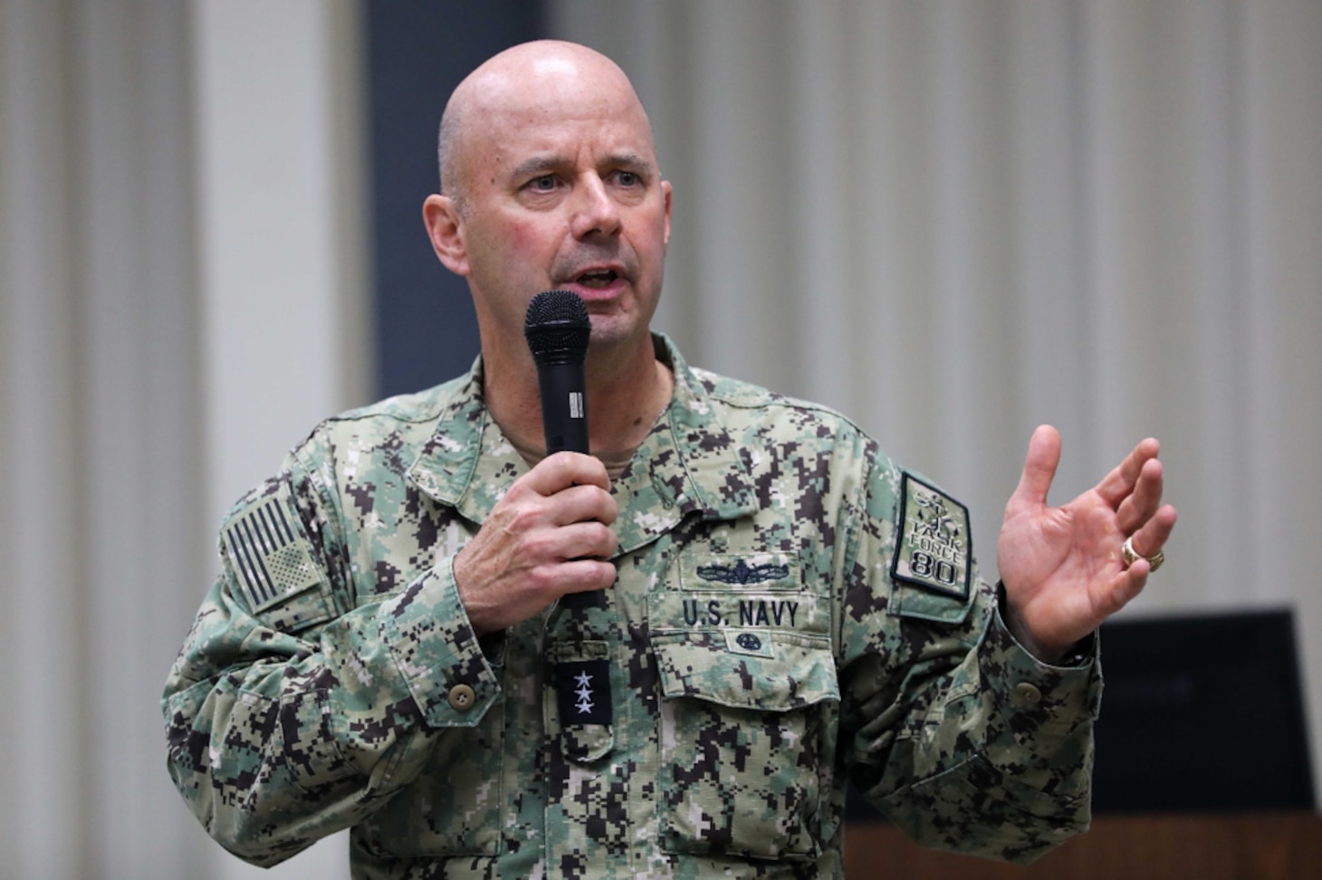 Vice Adm. Jim Kilby, commander, Task Force 80 and deputy commander, U.S. Fleet Forces Command, speaks during Commander Naval Surface Force Atlantic (SURFLANT) Commander’s Training Symposium (CTS), April 26. CTS is a bi-annual, two-day leadership training event for flag officers, commanding officers, and command senior enlisted leaders across the SURFLANT claimancy. (U.S. Navy photo by Mass Communication Specialist 1st Class Jacob Milham)