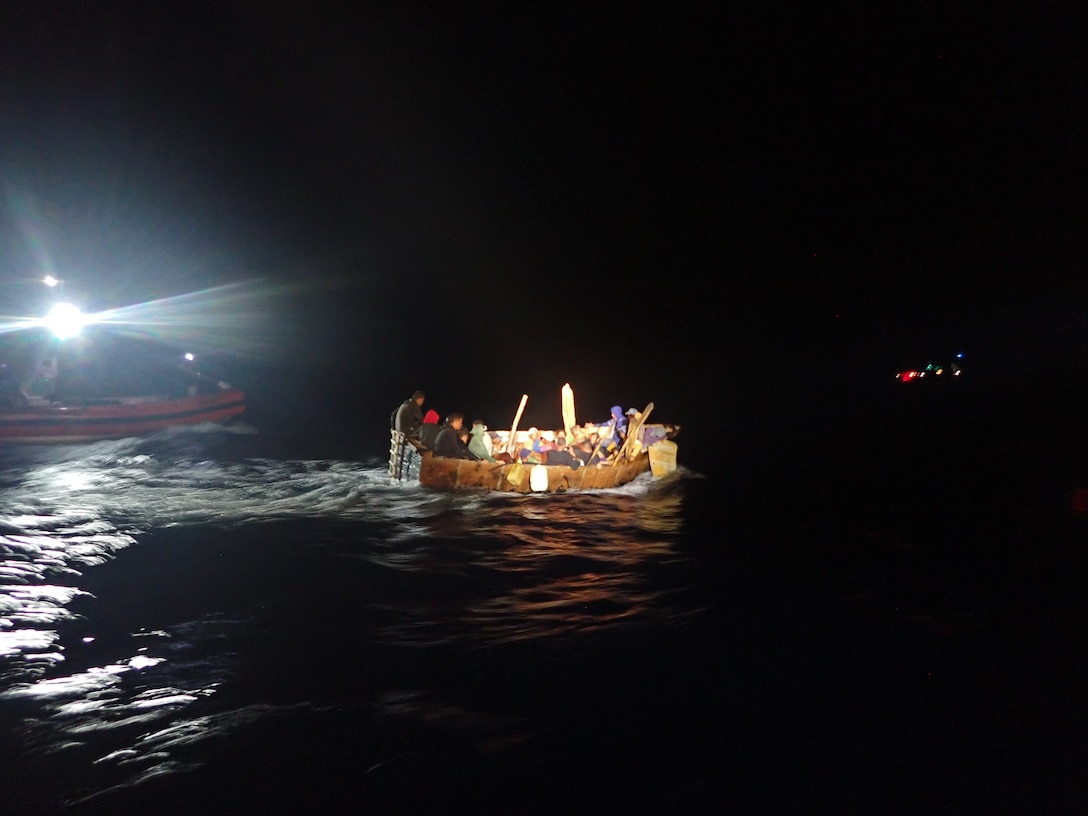 A U.S. Coast Guard Cutter Hamilton (WMSL 753) small boat crew prepares to interdict a rustic vessel about 30 miles north of Cayo Cruz Del Padre, Cuba, April 30, 2023. Twenty-seven people were repatriated to Cuba May 3, 2023. (U.S. Coast Guard photo)