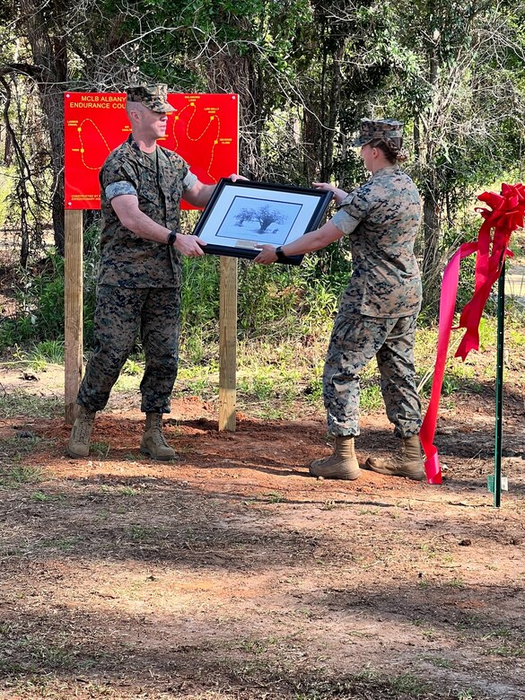 Marine Corps Logistics Base Albany worked with 8th Engineer Support Battalion from Marine Corps Base Camp Lejeune in North Carolina to construct a new endurance course at the southwest Georgia installation. The project demonstrates a commitment to camaraderie and physical fitness, and officially opened up for use on Thursday after 20 days of construction. (U.S. Marine Corps photo by Jennifer Parks)