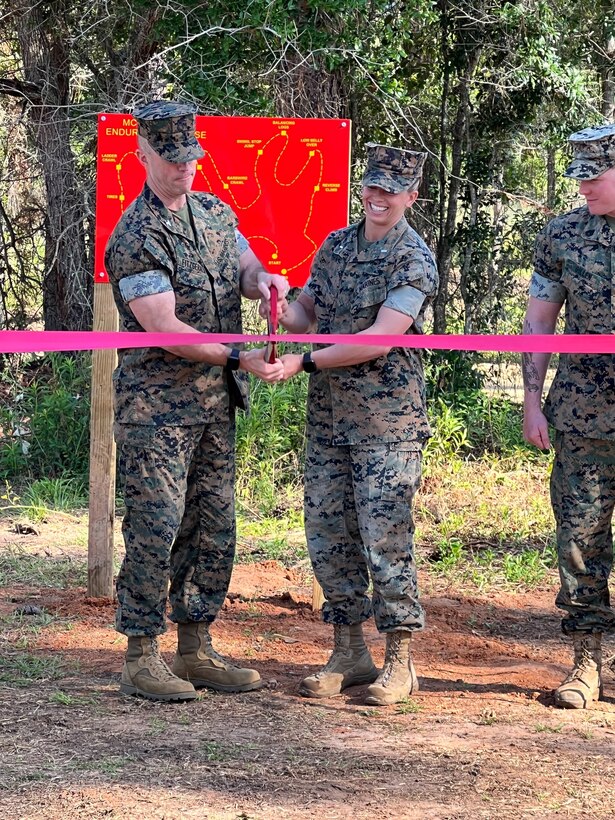 Marine Corps Logistics Base Albany worked with 8th Engineer Support Battalion from Marine Corps Base Camp Lejeune in North Carolina to construct a new endurance course at the southwest Georgia installation. The project demonstrates a commitment to camaraderie and physical fitness, and officially opened up for use on Thursday after 20 days of construction. (U.S. Marine Corps photo by Jennifer Parks)