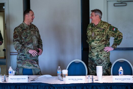  U.S. Air Force Maj. Gen. Julian C. Cheater, Assistant Deputy Under Secretary of the Air Force, International Affairs, left, and Brig. Gen. Dr. László Szegő, Head of the Military Attaché’s Bureau and the specialized diplomatic staff of the Hungarian embassy, share a laugh during a Secretary of the Air Force International Affairs (SAF/IA)-sponsored tour at Vandenberg Space Force Base, Calif., May 3, 2023. Led by Cheater, this DoD-level program aims to orient Attachés to DoD organizations and provide strategic messaging to senior foreign leaders, and is executed on behalf of the USAF Chief of Staff Gen. Charles Q. Brown. (U.S. Space Force photo by Tech. Sgt. Luke Kitterman)