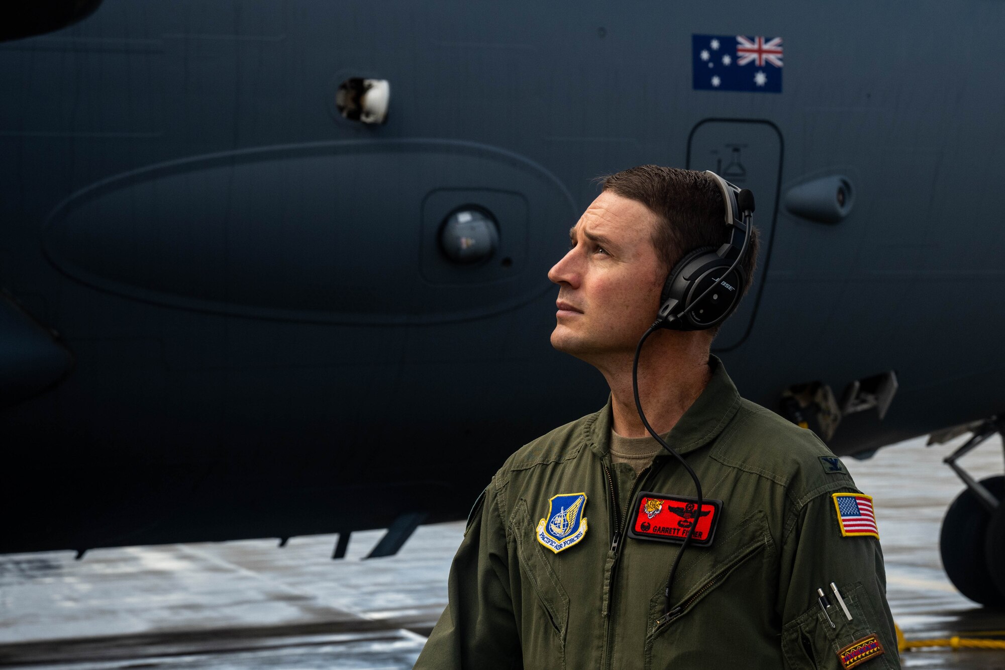 U.S. Air Force Garrett Fisher, 15th Operations Group commander, conducts a preflight inspection on a Royal Australian Air Force C-17 Globemaster III for a training flight during Global Dexterity 23-1 at RAAF Base Amberley, Queensland, Australia, April 25, 2023. This is the sixth iteration of Exercise Global Dexterity, the exercise’s focus is to learn from one another to develop air force capabilities in the U.S. and Australia that are operationally resilient and effective in achieving mission success across a spectrum of tactical objectives. (U.S. Air Force photo by Senior Airman Makensie Cooper)