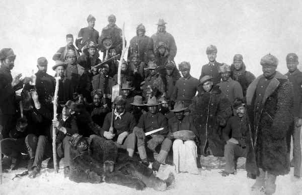 Buffalo Soldiers of 25th Infantry, some wearing buffalo robes, Fort Keogh, Montana, 1890 (Library of Congress)