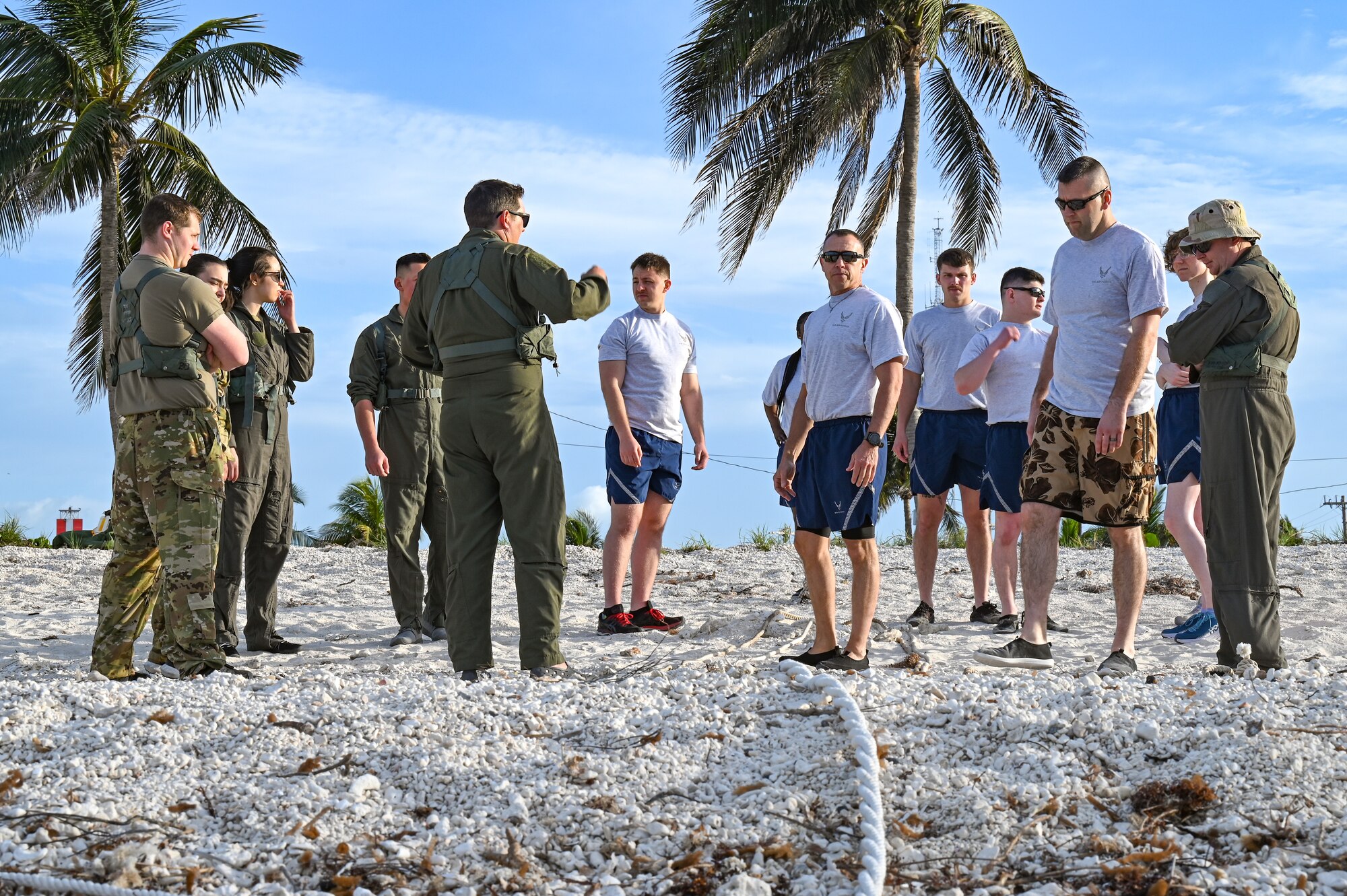 Reserve Citizen Airmen assigned to the 910th Airlift Wing listen to water survival instructions on April 19, 2023, at Naval Air Station Key West, Florida.