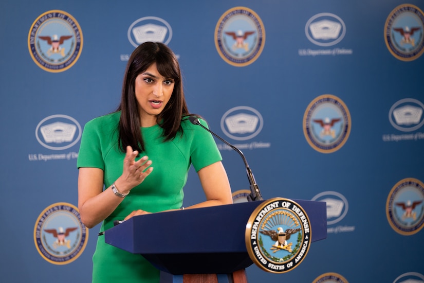 Deputy Pentagon Press Secretary Sabrina Singh conducts a news briefing.
