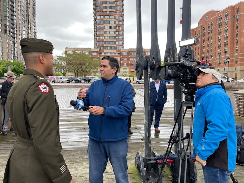 Lieutenant Colonel Matthew Pride, Deputy Commander, USACE, New York District, speaks to members of the press about hurricane preparedness.