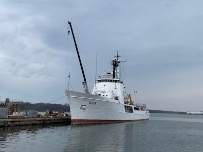 The now-decommissioned CGC Decisive, WMEC 629, tied up at the Coast Guard Yard, 13 April 2023, awaiting final disposition.