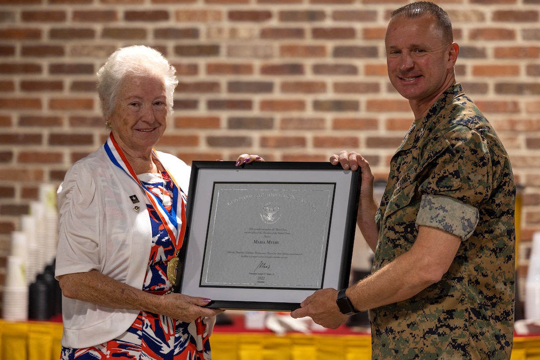 Thompson was recognized for her accumulated 80 hours of local community service at the Carteret County Humane Society; Sexual Assault Prevention and Response Program 5k race; New Bern’s MumFest; Pruitt Health Care Senior Center; Craven County Clean Sweep and regularly donating at blood drives throughout Craven County. (U.S. Marine Corps photo by Lance Cpl. Matthew Williams)