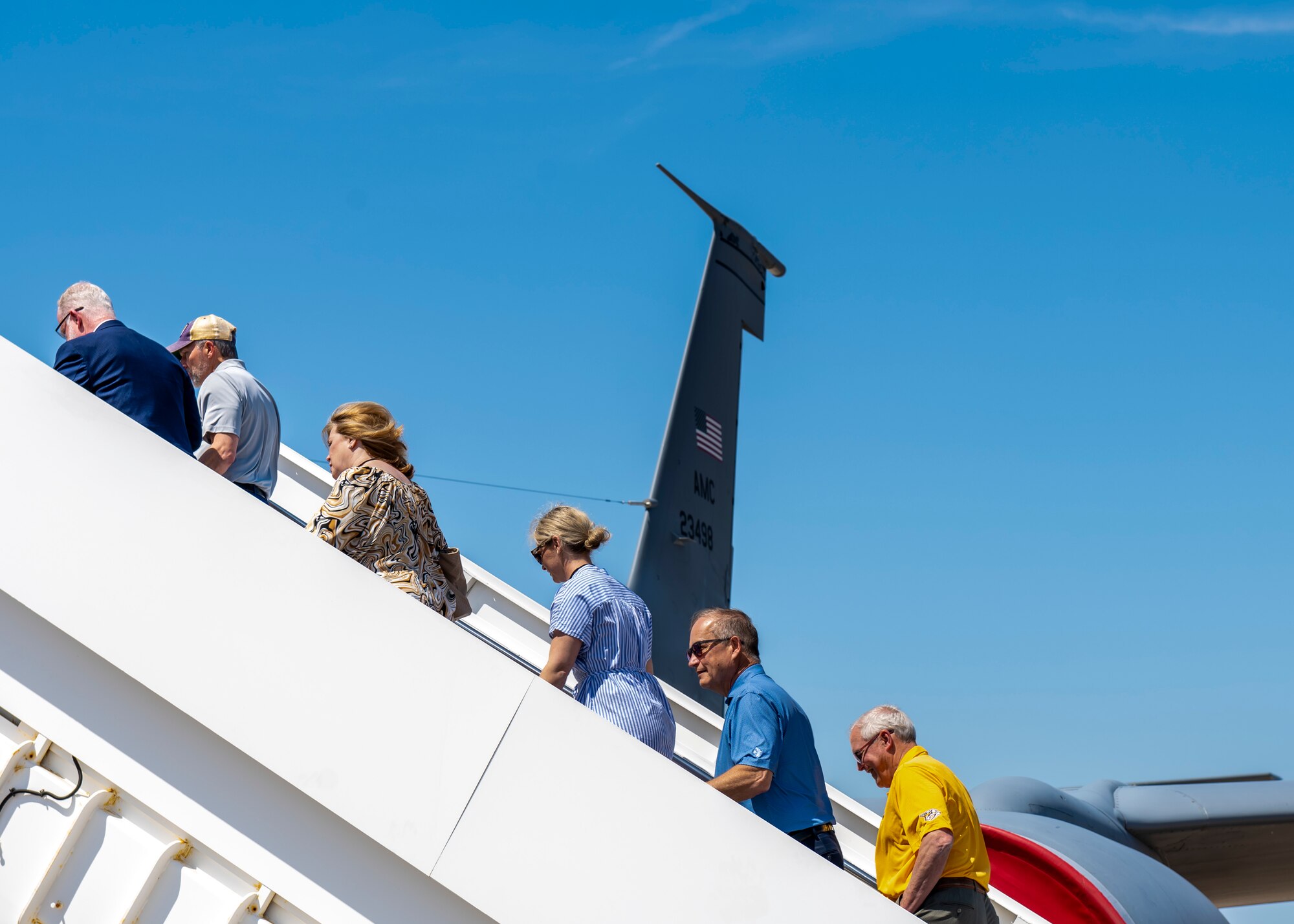 A group of civic leaders from the Nashville Chamber of Commerce tour a KC-135 Stratotanker at MacDill Air Force Base, Florida, May 4, 2023. The group toured the base to strengthen relationships and bolster community support within the Nashville area. (U.S. Air Force photo by Senior Airman Lauren Cobin)