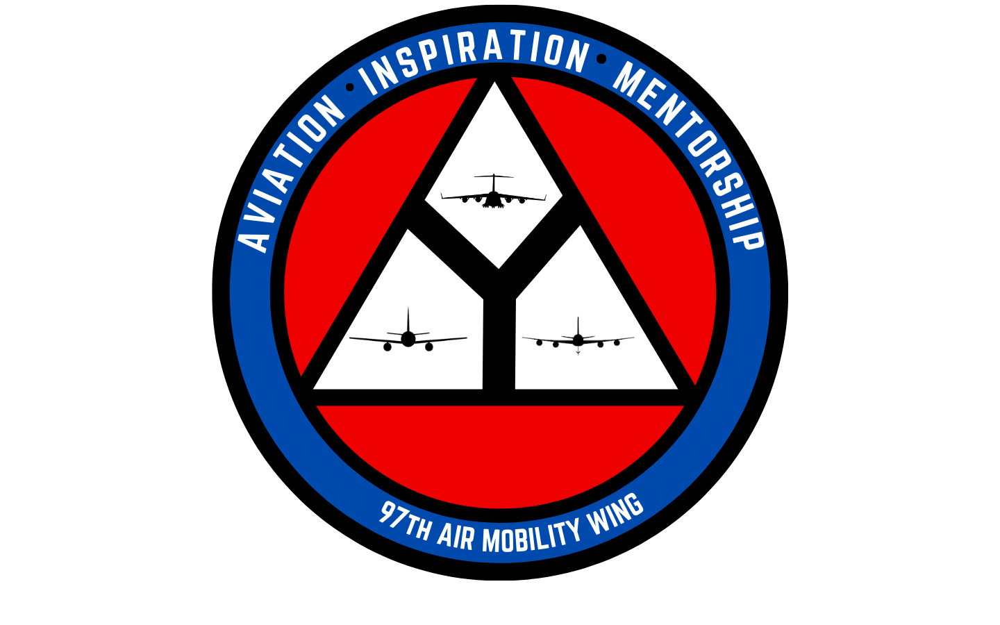 The 97th Air Mobility Wing Aviation Inspiration Mentorship (AIM) wing patch displays a KC-46 Pegasus, C-17 Globemaster III and a KC-135 Stratotanker. The AIM is designed to showcase aviation and science, technology, engineering and math opportunities to youth. (U.S> Air Force graphic by Airman 1st Class Miyah Gray)