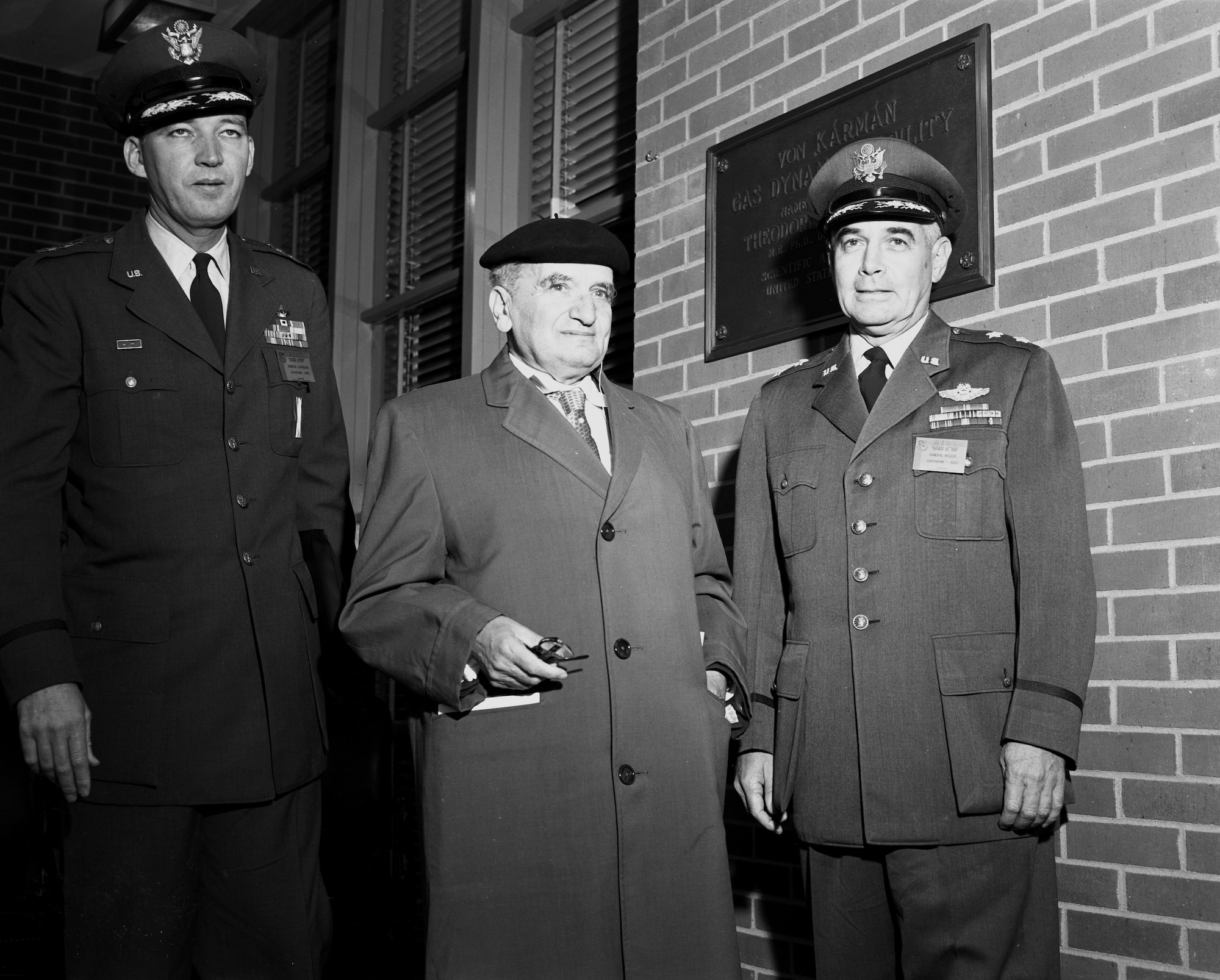 Then-Lt. Gen. Bernard A. Schriever, left, then-commander of the Air Research and Development Command; Dr. Theodore von Kármán; and then-Maj. Gen. Troup Miller Jr., then-commander of Arnold Engineering Development Center, are photographed at the Oct. 30, 1959, dedication of the Gas Dynamics Facility at Arnold Air Force Base, Tenn., in honor of von Kármán. (U.S. Air Force photo)