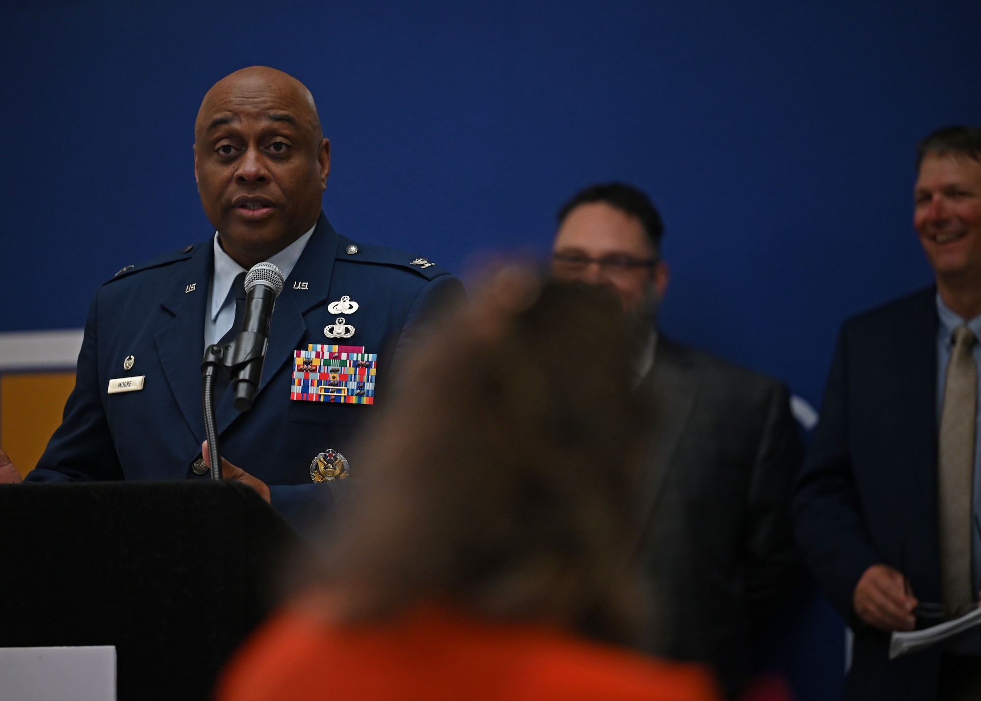U.S. Air Force Col. Eugene Moore, 17th Mission Support Group commander, talks during the Texas Conference for Employers, Midland, Texas, May 5, 2023. Goodfellow Air Force Base was nominated for its outstanding veteran community partnership. (U.S. Air Force photo by Senior Airman Sarah Williams)