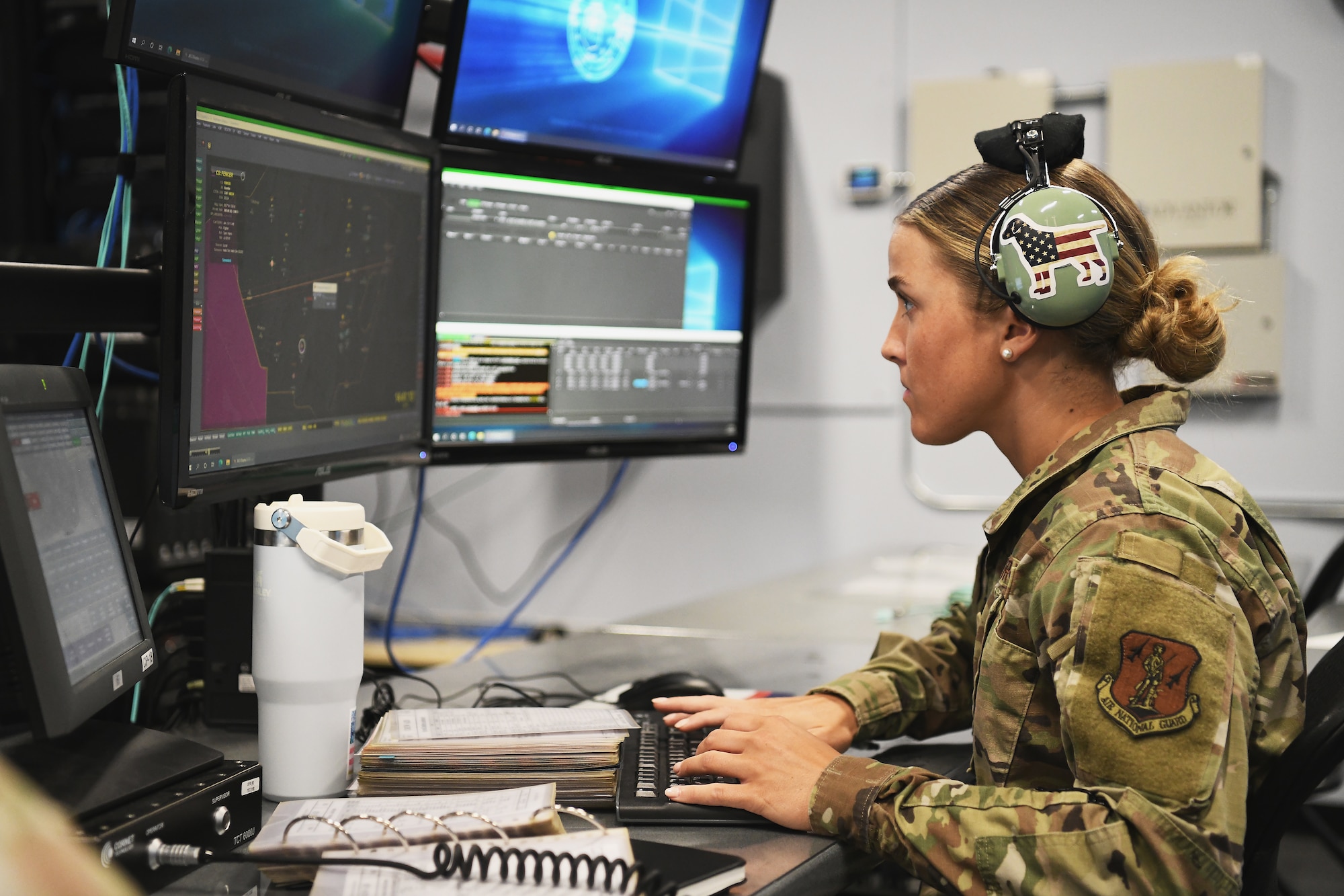 U.S. Air Force Staff Sgt. Kristen Shannon, an air battle manager, participates in a joint training exercise April 28, 2023 in Blue Ash, Ohio with service members from Lithuania, Latvia and Hungary. Moving target engagement at scale provides identification,
tracking, and engagement support of numerous moving or mobile targets
simultaneously in a highly contested, time-compressed, multi-domain joint
environment. (U.S. Air National Guard photo by Shane Hughes)