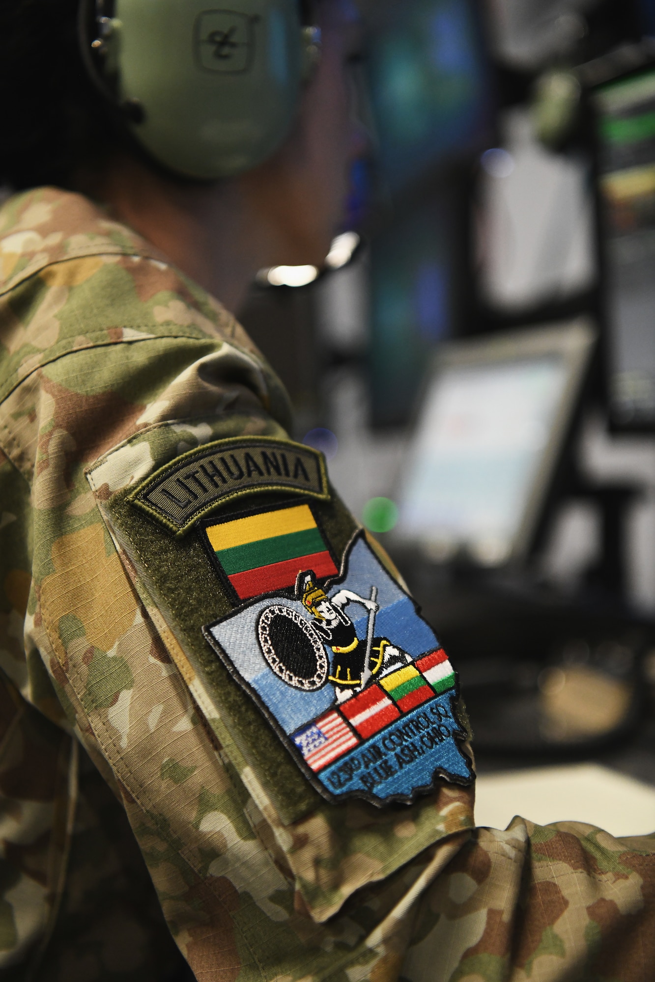 Lithuanian Air Force Staff Sgt. Kristina Dabuzinskiene trains on air battle management tactics April 28, 2023 during a joint training exercise with airmen assigned to the Ohio Air National Guard's 123rd Air Control Squadron in Blue Ash, Ohio. International allies and partners are a force multiplier and one of the greatest strategic assets the U.S. has as a nation. (U.S. Air National Guard photo by Shane Hughes)