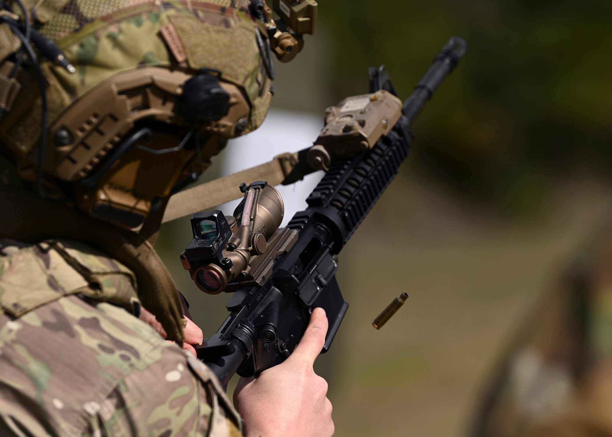 A U.S. Air Force tactical air control party Airman with the 5th Air Support Operations Squadron clears an M4 weapon system at Joint Base Lewis-McChord, Washington, April 19, 2023. Multiple times a year, the 5th ASOS holds a basic proficiency training in small arms tactics focused on safely maneuvering with the M4 and M18 weapons. (U.S. Air Force photo by Senior Airman Callie Norton)