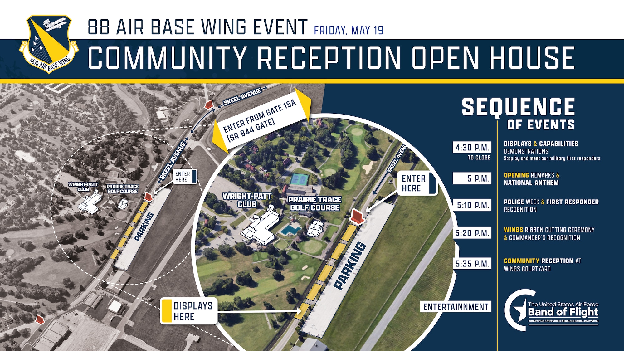 Sequence of events listed with event location and parking map.