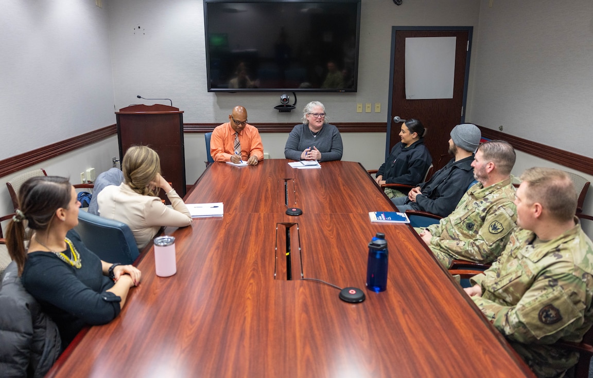 Jennifer Taylor, top right, Research Staff Member at the Institute for Defense Analyses, leads the Women, Peace and Security (WPS) barrier analysis focus group discussions on March 2, 2023, at the North American Aerospace Command and USNORTHCOM headquarters on Peterson Space Force Base, Colorado. Discussions included the understanding of WPS, where WPS is and is not relevant to command missions and functions, and the opportunity to identify any challenges or opportunities for WPS implementation. (DoD photo by Tom Paul)