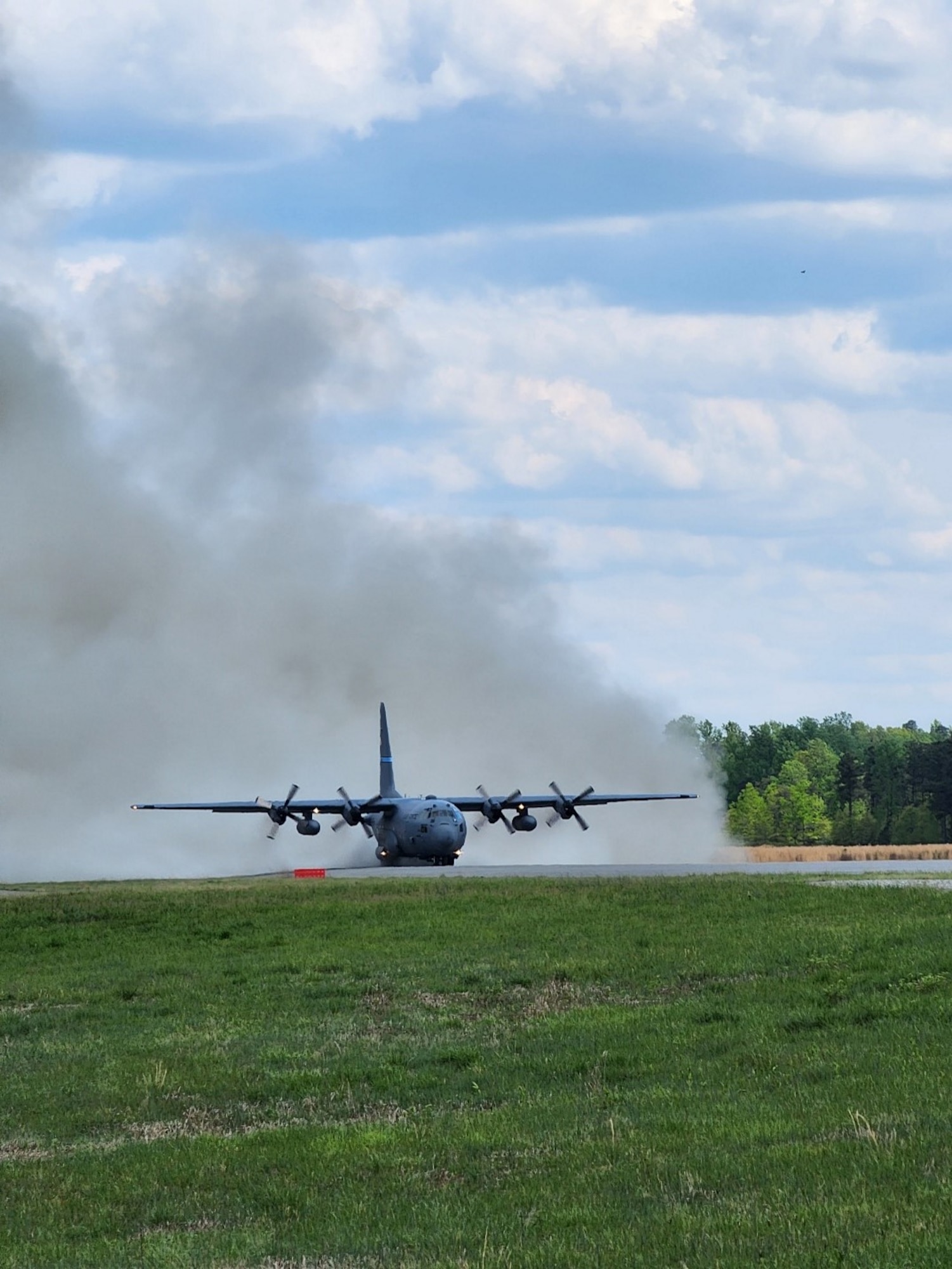 A Delaware Air National Guard C-130 Hercules aircraft prepares to depart Fort A.P. Hill in Bowling Green, Virginia, April 25, 2023. (U.S. Air Force photo by Tech. Sgt. Christopher Anderson)