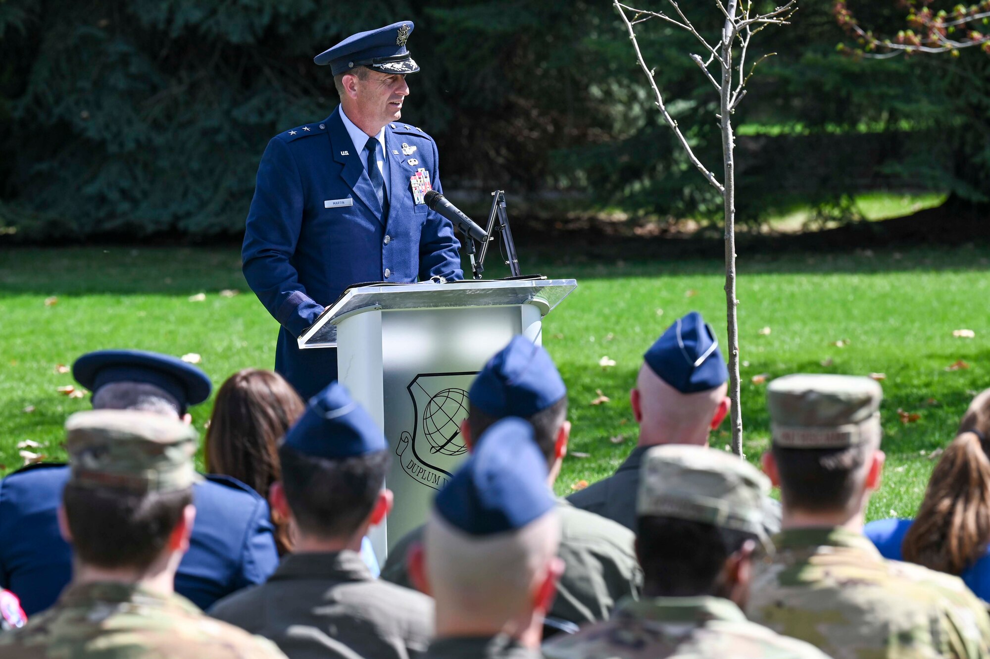 U.S. Air Force Maj. Gen. Corey Martin, 18th Air Force commander, delivers a speech during the Shell 77 memorial ceremony at Fairchild Air Force Base, Washington, May 3, 2023. U.S. Air Force Capt. Victoria "Tory" Pickney, 93rd Air Refueling Squadron pilot, Tech Sgt. Herman "Tre" Mackey III, 93rd ARS inflight refueling specialist, and Capt. Mark "Tyler" Voss, 93rd ARS aircraft commander, died during Operation Enduring Freedom when their aircraft experienced a flight control malfunction and crashed over the mountains south of Manas Air Base. (U.S. Air Force photo by Airman 1st Class Haiden Morris)