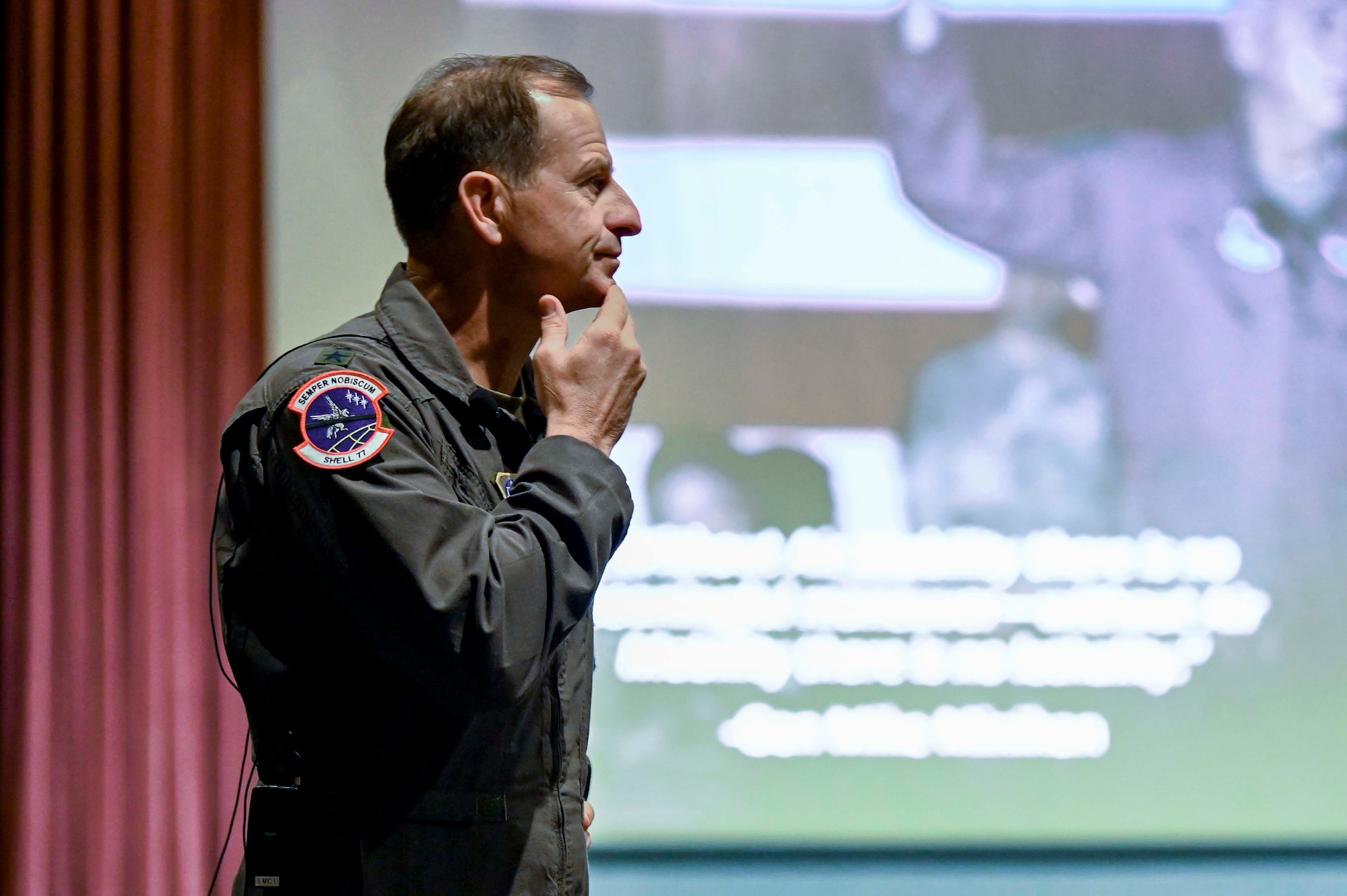 U.S. Air Force Maj. Gen. Corey Martin, 18th Air Force commander, discusses readiness during a base all call at Fairchild Air Force Base, Washington, May 4, 2023. The goal of Martin’s visit was to learn more about Fairchild’s accomplishments and highlight 18th AF priorities.  (U.S. Air Force photo by Airman 1st Class Haiden Morris)