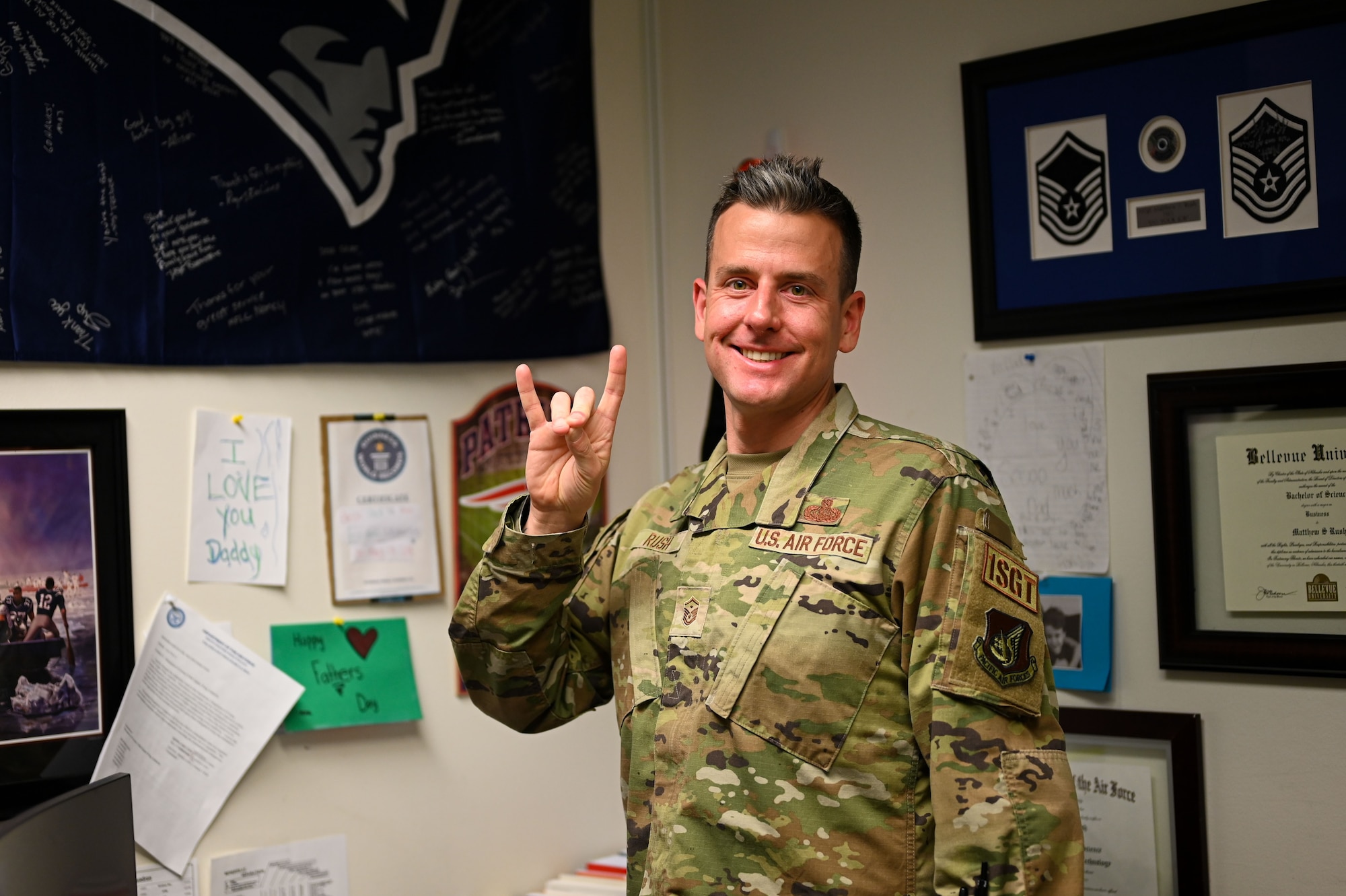 U.S. Air Force Master Sgt. Matthew Rush, 18th Aircraft Maintenance Unit first sergeant, poses for a photo at Eielson Air Force Base, Alaska, April 12, 2023.