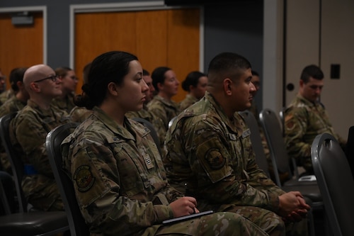U.S. Space Force Reserve Officers’ Training Corps members attend the first annual National Space Day celebration at the Powell Event Center, Goodfellow Air Force Base, Texas, May 5, 2023. The event included a briefing from a Military Training Instructor about the process of Basic Military Training (U.S. Air Force photo by Airman 1st Class Collier)