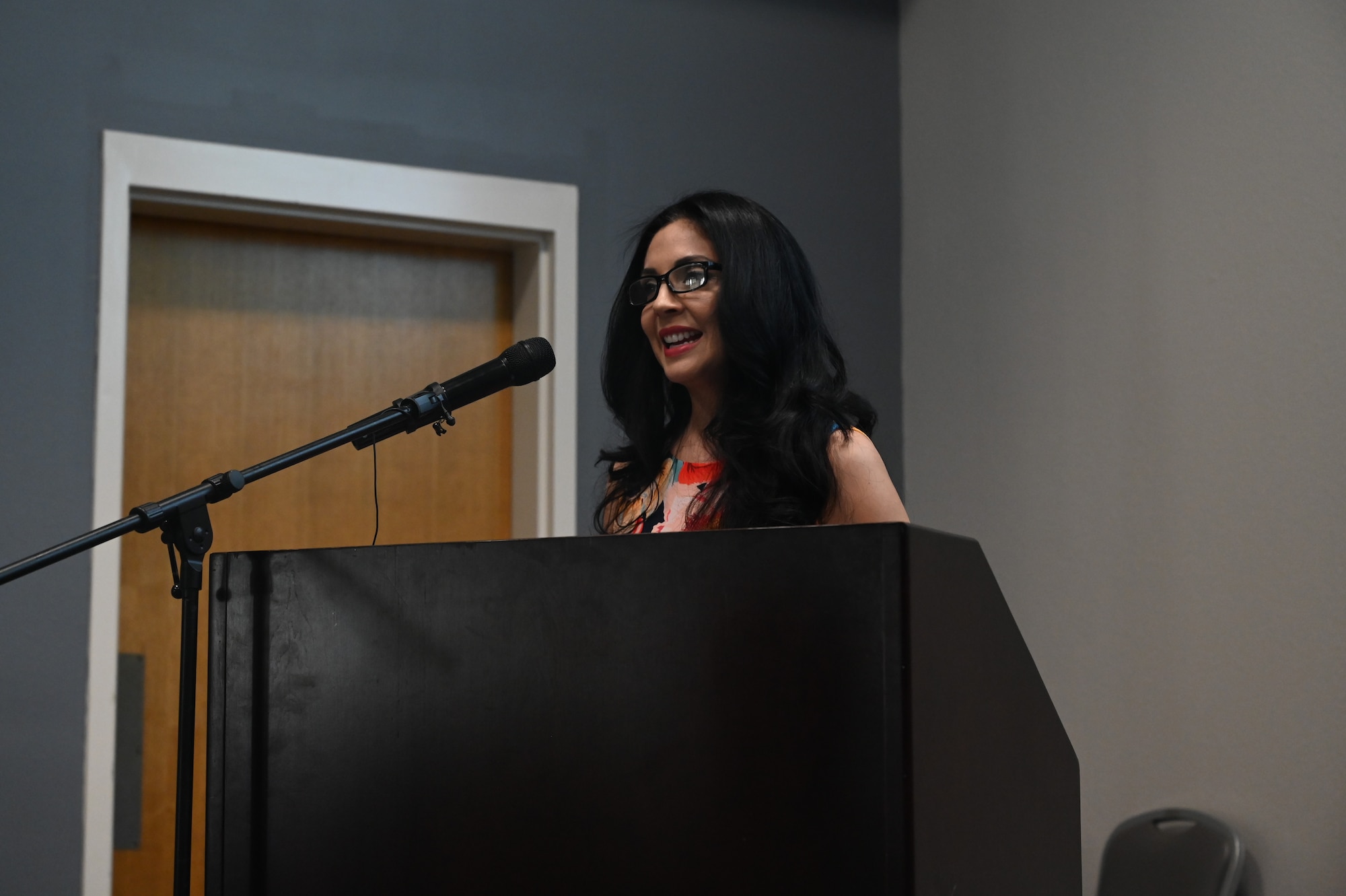 Angelo State University Chief Diversity and Inclusion Officer, Dr. Flor Leos Madero, speaks about the diversity of different cultures, races, and gender across the U.S. Space Force and Air Force at the Powell Event Center, Goodfellow Air Force Base, Texas, May 5, 2023. Madero is an Honorary Commander of the 17th Training Wing. (U.S. Air Force photo by Airman 1st Class Madison Collier)