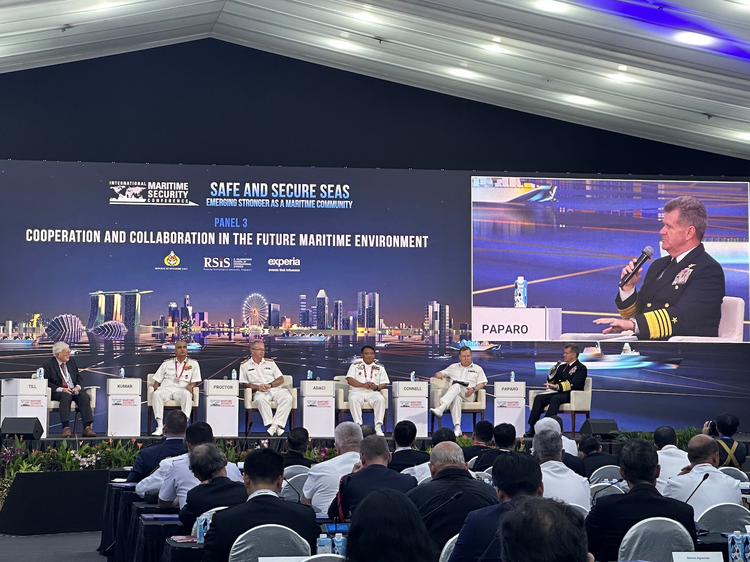 SINGAPORE (May 3, 2023) Adm. Samuel Paparo, commander, U.S. Pacific Fleet, speaks during a panel discussion on cooperation and collaberation in the future maritime enviornment with heads of navies and senior navy representatives from India, Canada, Philippines and the United Kingdom at the Republic of Singapore Navy’s International Maritime Security Conference, May 3, 2023. The visit to Singapore underscores the United States’ commitment to strengthening alliances and partnerships for an enduring, resilient, free and open Indo-Pacific. (Photo courtesy of U.S. Navy)