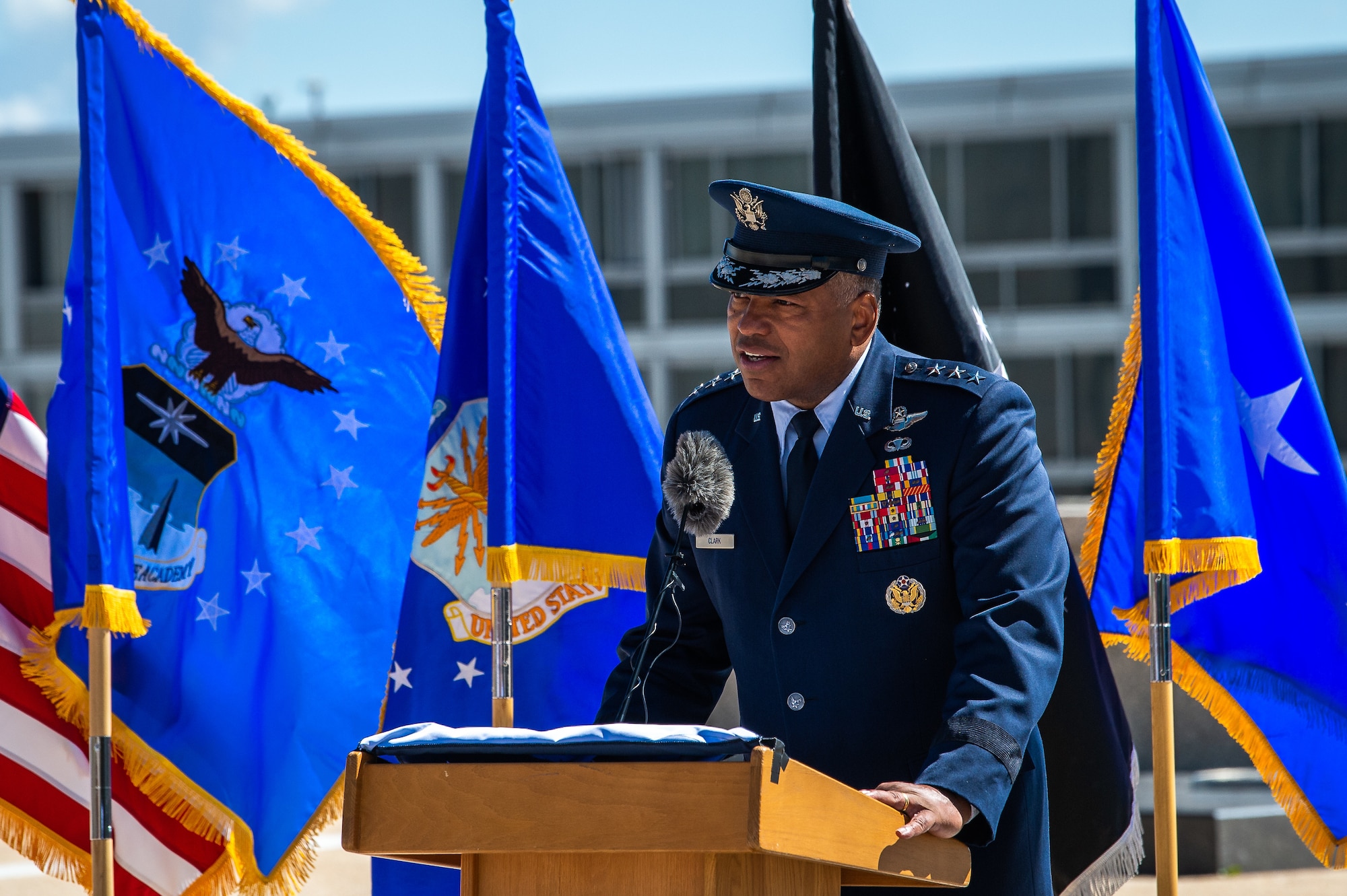 Lieutenant General Richard Clark, U.S. Air Force Academy superintendent, highlights the bravery of the Spirit 03 aircrew during a dedication ceremony of an AC-130H Spectre gunship sculpture, at the Air Force Academy Colorado, May 5, 2023.