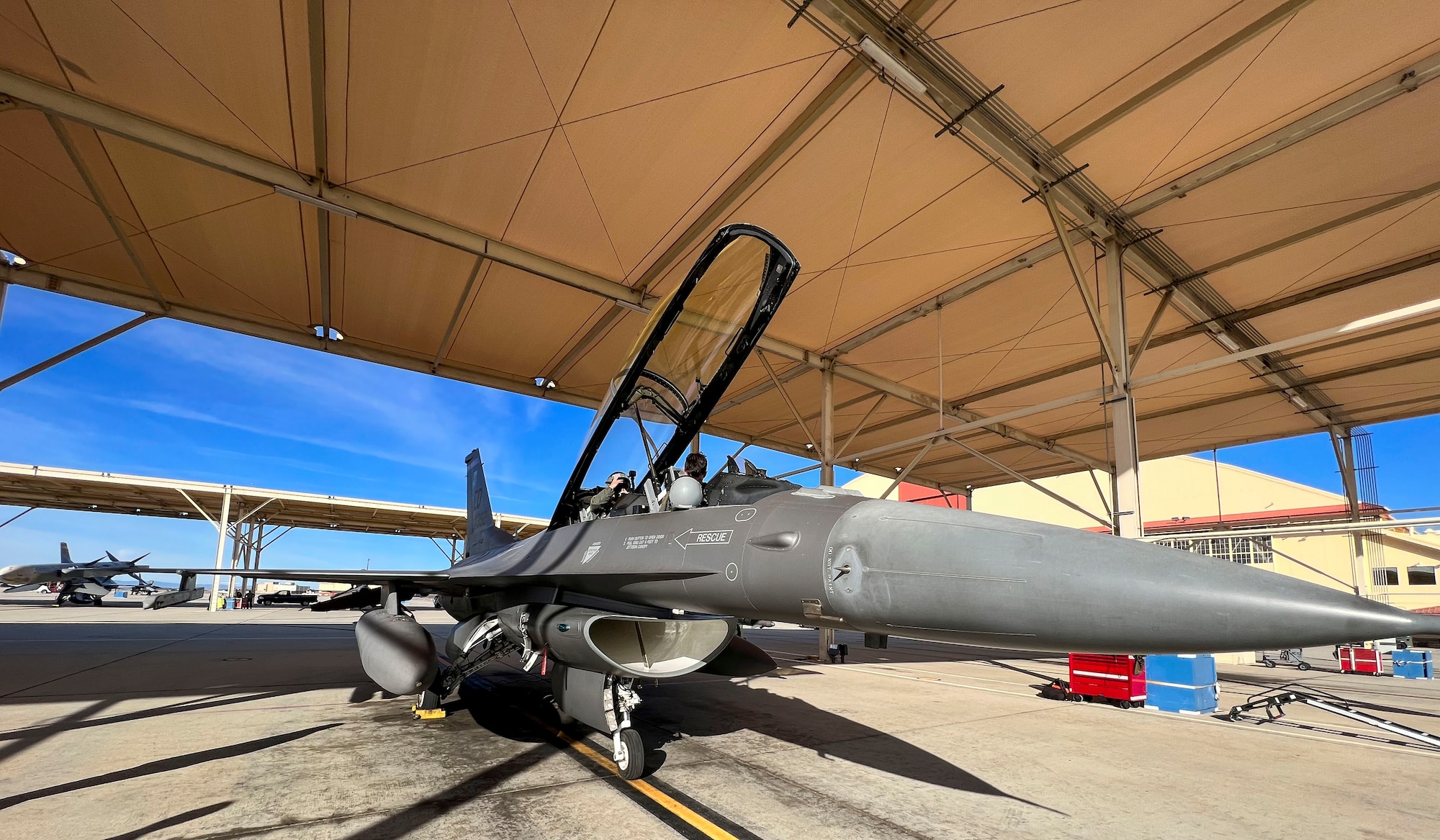 Lt. Col. Matthew Taranto, Chief Aerospace Physiologist, U.S. Air Force Test Pilot School lands at Edwards Air Force Base, California, after conducting his "fini-flight" before retirement March 31st. (Photo courtesy of Staff Sgt. Elizabeth Taranto)