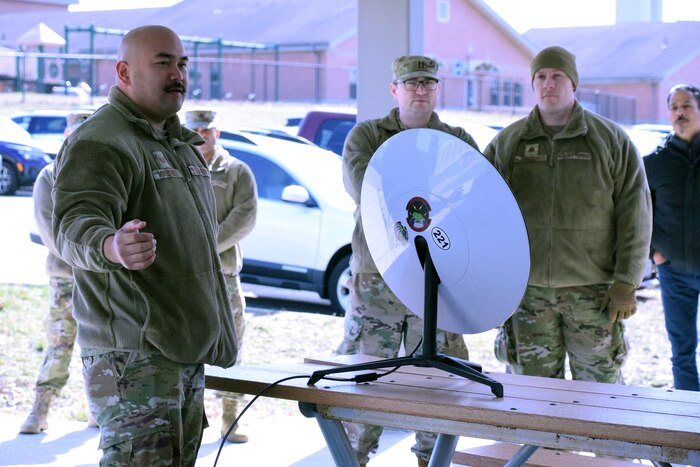 Technical Sgt. Vincent Martinez, readiness section chief with the 51st Combat Command at Robins AFB, Ga. discussed expeditionary communication mission requirements with the Cyber 200 class. (U.S. Air Force photo by Katie Scott)