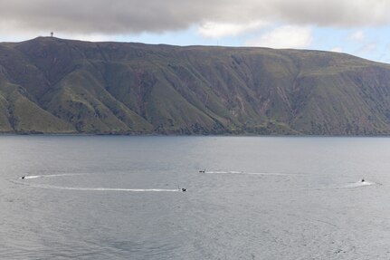 Ship deployable seaborne targets move in a swarm formation off the coast of San Clemente Island during the U.S. Pacific Fleet’s Unmanned Systems Integrated Battle Problem (UxS IBP) 23. UxS IBP 23 is a U.S. Pacific Fleet experiment, executed by U.S. 3rd Fleet, operationalizing multi-domain employment of unmanned systems to create fleet warfighting advantages.