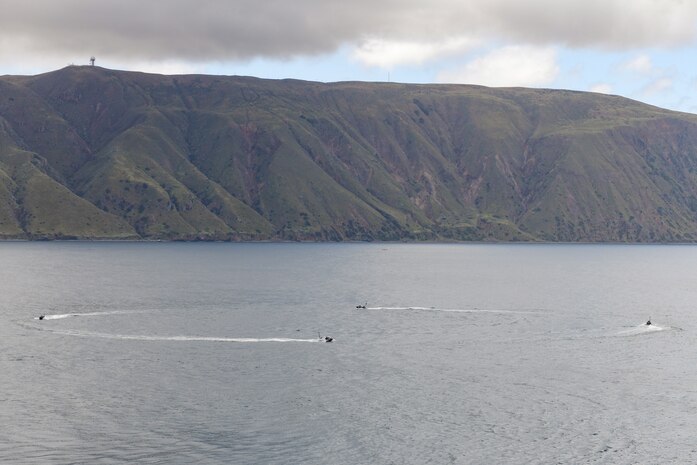 Ship deployable seaborne targets move in a swarm formation off the coast of San Clemente Island during the U.S. Pacific Fleet’s Unmanned Systems Integrated Battle Problem (UxS IBP) 23. UxS IBP 23 is a U.S. Pacific Fleet experiment, executed by U.S. 3rd Fleet, operationalizing multi-domain employment of unmanned systems to create fleet warfighting advantages.