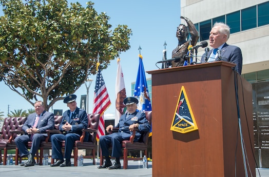  Secretary of the Air Force Frank Kendall shared his personal story on how Retired Brig. Gen. Aldrin influenced his life at Space Systems Command on May 5, 2023. “This is a story that crosses many generations,” stated Kendall. Aldrin’s efforts to advance our nation and its allies’ posture in space, while beginning more than sixty years ago, continue to influence not only the leaders of today, but those for generations to come. (U.S. Space Force photo by Van Ha)