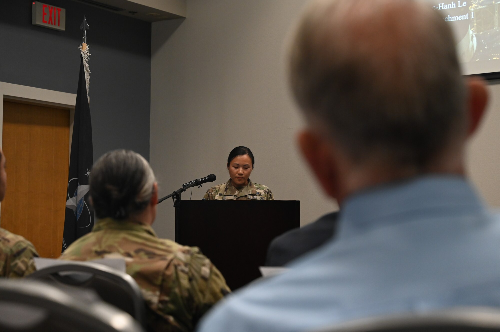 U.S. Space Force Senior Master Sgt. Ngoc-Hanh Le, 533rd Training Squadron Detachment 1 senior enlisted leader, speaks at the Powell Event Center, Goodfellow Air Force Base, Texas, May 5, 2023. After six and a half years of being enlisted in the Air Force, Le was compelled to transfer to the Space Force in February of 2021. (U.S. Air Force photo by Airman 1st Class Madison Collier)