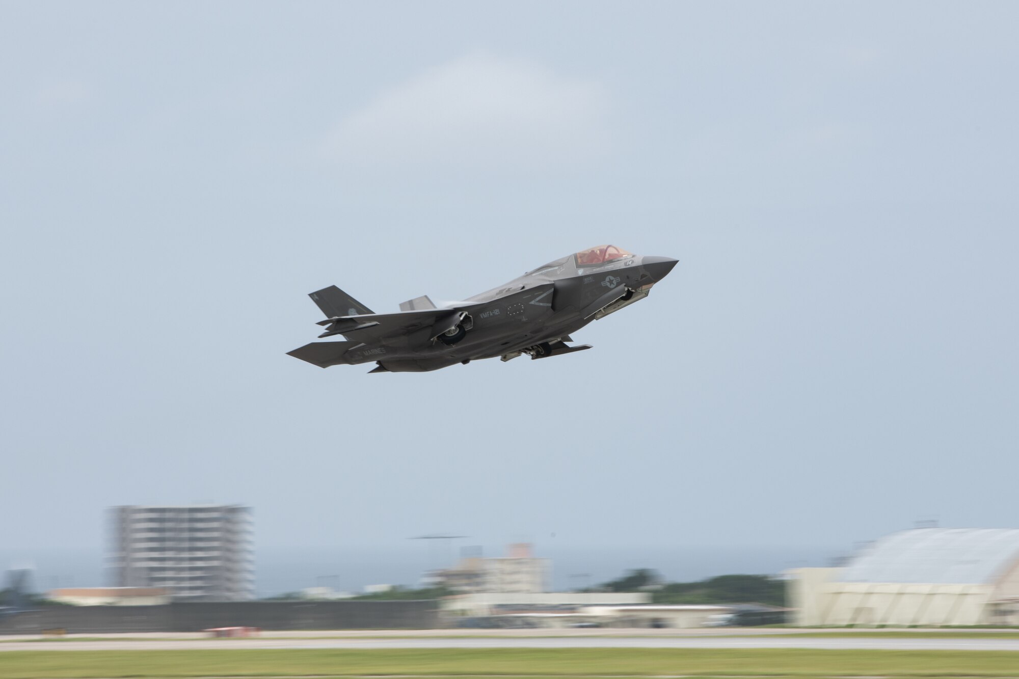 An aircraft takes off.