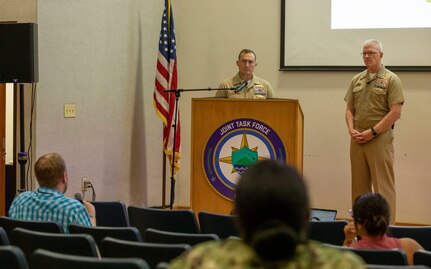 Naval Facilities Engineering Systems Command Pacific commander, U.S. Navy Rear Adm. Jeff Kilian (left), and Joint Task Force-Red Hill (JTF-RH) commander, U.S. Navy Vice Adm. John Wade (right), field questions from local media during a press conference held at Joint Base Pearl Harbor-Hickam, Hawaii, May 5, 2023.