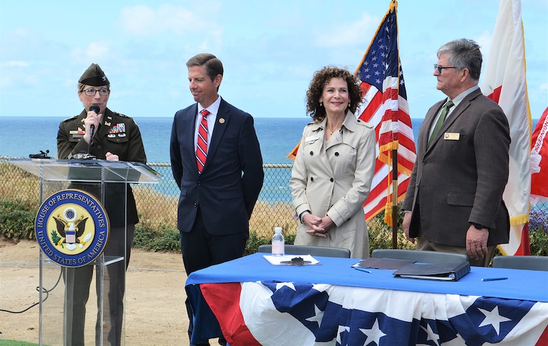 Col. Julie Balten, commander of the U.S. Army Corps of Engineers Los Angeles District, speaks about the San Diego County (Encinitas and Solana Beach) Shoreline Protection Project during a May 4 press conference at the Fletcher Cove Community Center in Solana Beach, California.