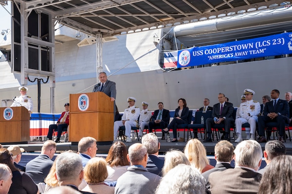 Secretary of the Navy, the Honorable Carlos Del Toro, speaks during the commissioning ceremony of the Freedom-variant littoral combat ship USS Cooperstown (LCS 23) in New York City.