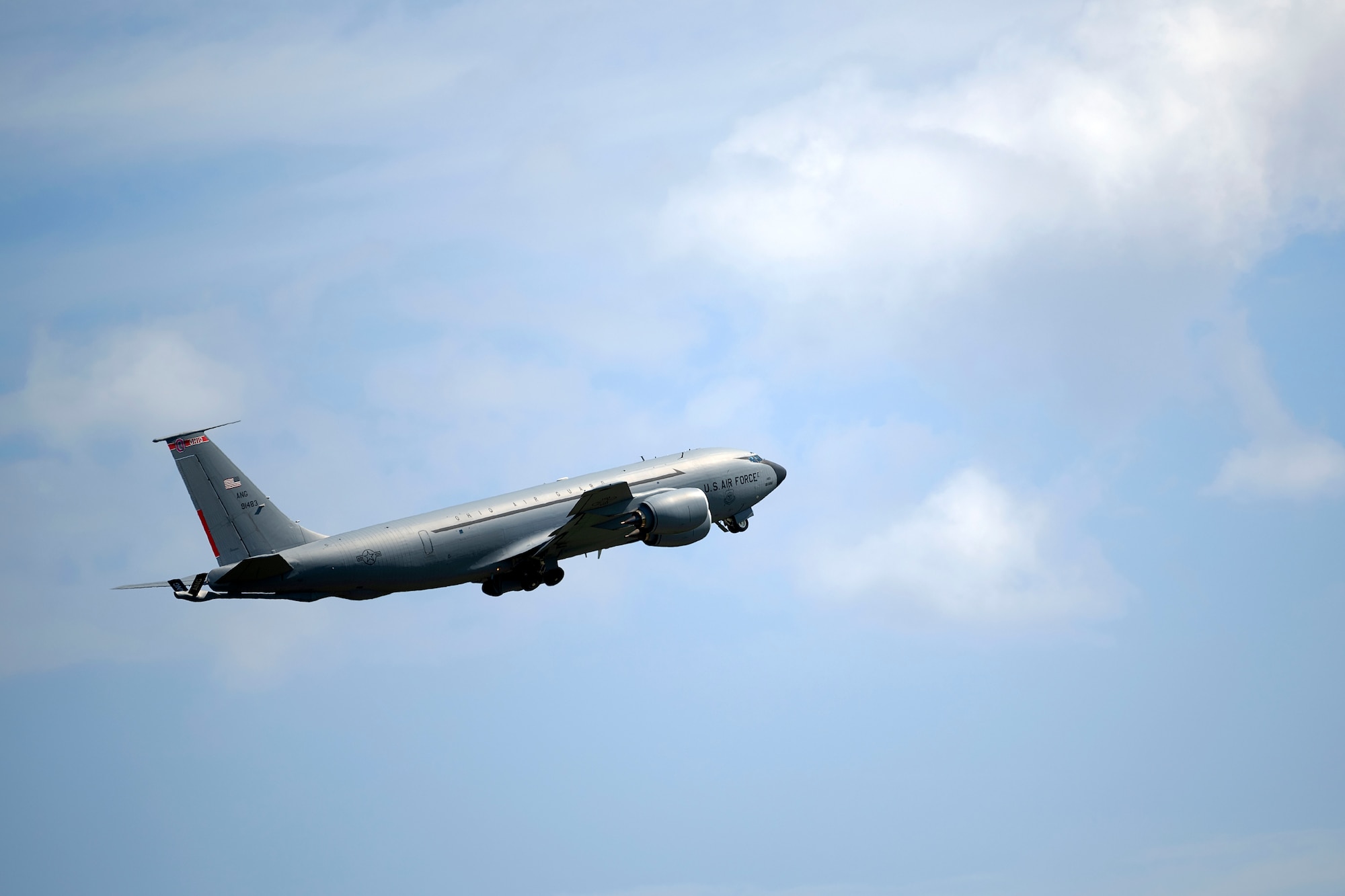 A KC-135 Stratotanker assigned to the 121st Air Refueling Wing, Ohio Air National Guard, departs the 156th Wing airfield during Operation Hoodoo Sea exercise at Muñiz Air National Guard Base, Carolina, Puerto Rico, May 4, 2023. Operation Hoodoo Sea is a multi-unit training exercise where participant units conduct agile combat training in the coastal southeast of the U.S. to test agile communications innovations, portable aerospace ground equipment, aircraft concealment hangars and survival kits. (U.S. Air National Guard photo by Master Sgt. Rafael Rosa)