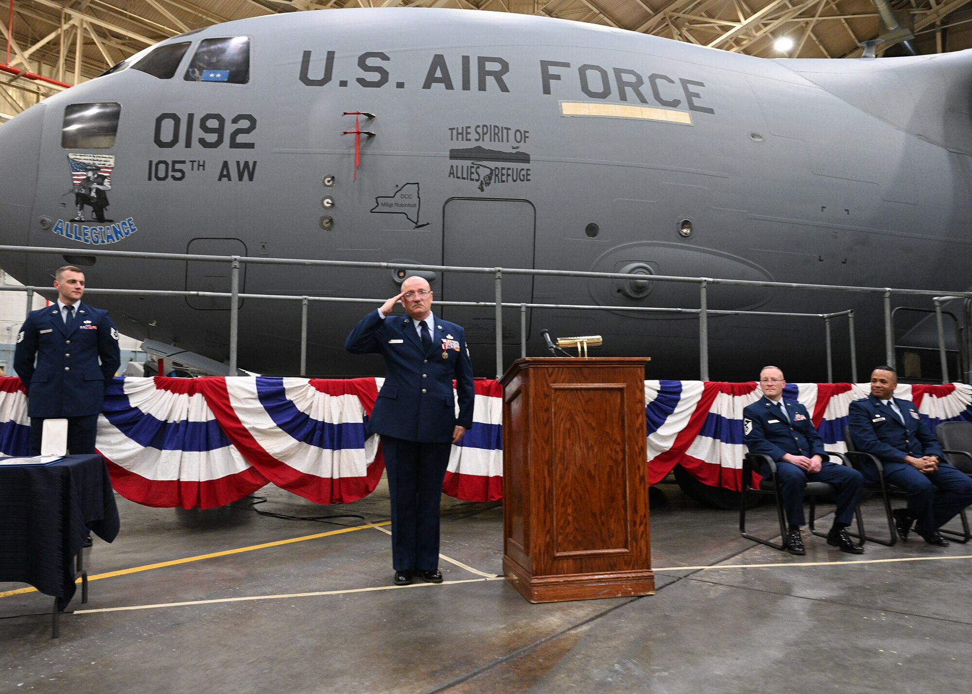 U.S. Air Force Senior Master Sgt. Denis Ritosa renders a final salute during his retirement ceremony at Stewart Air National Guard Base, New York April 2, 2023.