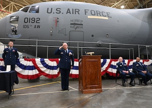 U.S. Air Force Senior Master Sgt. Denis Ritosa renders a final salute during his retirement ceremony at Stewart Air National Guard Base, New York April 2, 2023.