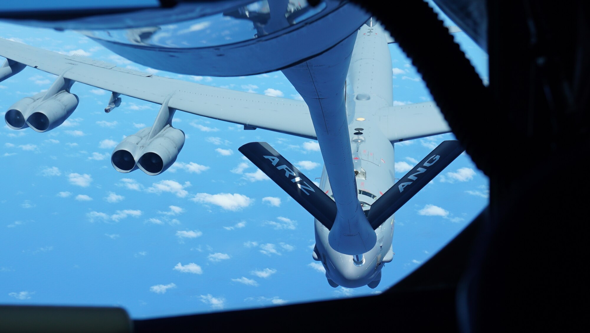 A U.S. Air Force B-52 Stratofortress assigned to the 2nd Bomb Wing, Barksdale Air Force Base, Louisiana, receives fuel from a U.S. Air Force KC-135 Stratotanker assigned to the 506th Expeditionary Air Refueling Squadron during a Bomber Task Force mission over the Philippine Sea, April 26, 2023. Air-to-air refueling capabilities are a key logistical enabler of U.S., allied, and partner nations’ aircraft, protecting prosperity, peace, and stability across the Pacific. (U.S. Air Force Photo by Capt. Katie Mueller)